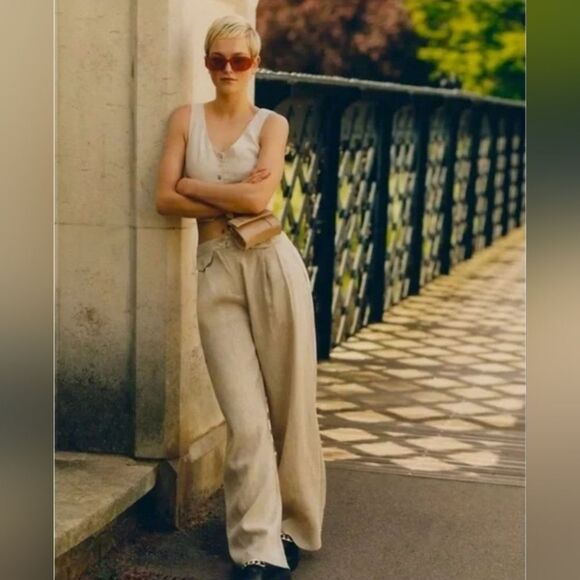 Anthropologie Sovere Instance High Waist Wide Leg Oatmeal Pleated Linen Pants L - Picture 6 of 14